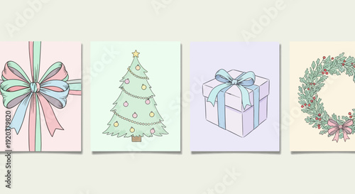 Four Christmas-themed illustrations with pastel colors and gift wrapping.