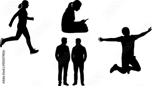 Silhouettes of people engaging in various activities and poses on a white background
