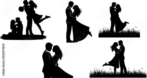 Romantic couple dancing silhouettes, man and woman embrace tango poses, love relationship vector illustration isolated on white background design
