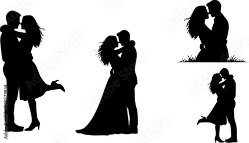 Romantic couple dancing silhouettes, man and woman embrace tango poses, love relationship vector illustration isolated on white background design
