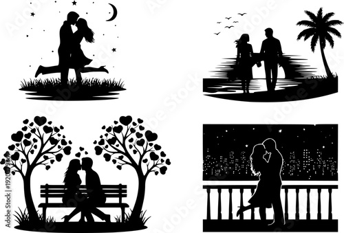 Silhouettes of couples embracing and enjoying romantic moments in various settings black
