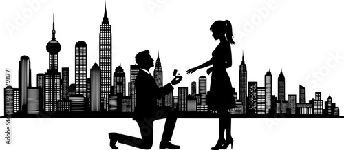 Man kneeling to propose with a ring to a woman in a city skyline background silhouette proposal
