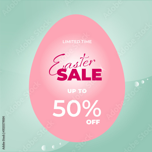 Easter sale promotional banner featuring a large pink egg shape with discount offer up to fifty percent on soft green pastel gradient background. Minimal seasonal spring marketing design.
