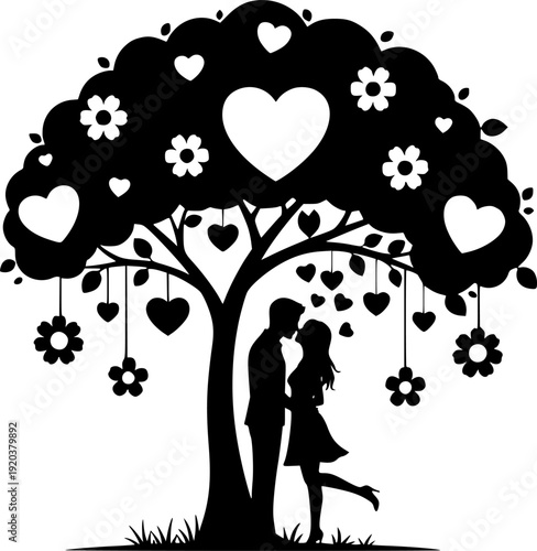 Silhouette of a couple kissing under a tree with heart and flower decorations hearts
