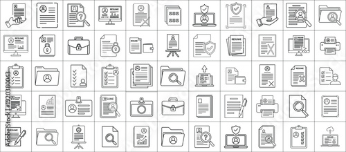 HR and Recruitment Line Icons Set – Resume, Candidate Search and Documents Vector