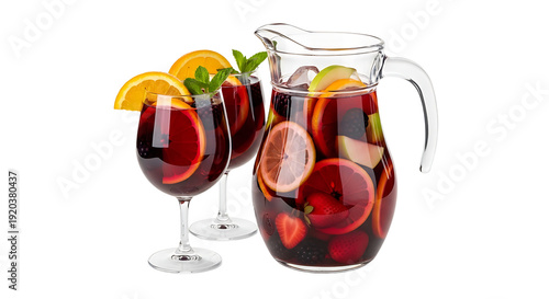 A pitcher and glasses of refreshing sangria with fruit slices on a