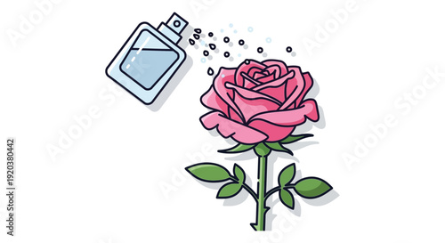 A colorful illustration depicts a perfume bottle spraying a vibrant red rose creating a fragrant scene silhouette high quality professional detailed