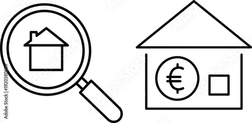 Real Estate Search and Mortgage Icons – House Under Magnifying Glass and Euro Home Line Vector