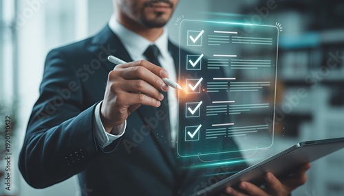 Businessman Using Digital Tablet with Interactive Virtual Holographic Checklist for Project Management and Task Completion