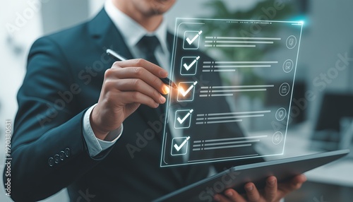 Businessman Using Digital Tablet with Interactive Virtual Holographic Checklist for Project Management and Task Completion