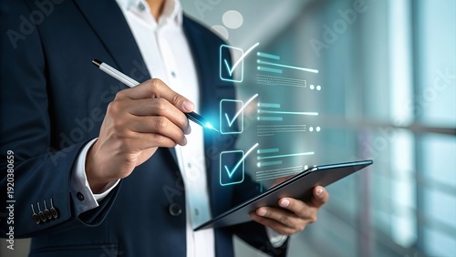 Businessman Using Digital Tablet with Interactive Virtual Holographic Checklist for Project Management and Task Completion
