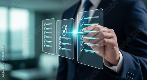 Businessman Using Digital Tablet with Interactive Virtual Holographic Checklist for Project Management and Task Completion