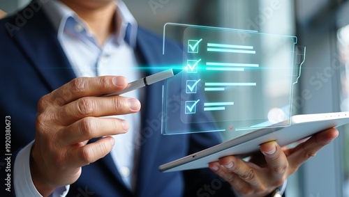 Businessman Using Digital Tablet with Interactive Virtual Holographic Checklist for Project Management and Task Completion