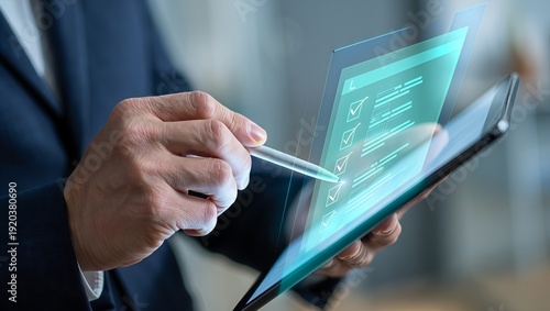 Businessman Using Digital Tablet with Interactive Virtual Holographic Checklist for Project Management and Task Completion