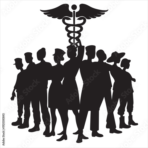 A group of professional business team members and diverse family silhouettes standing in a black vector illustration art crowd