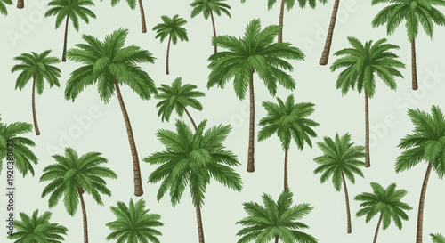 Seamless pattern of green palm trees on a light background.