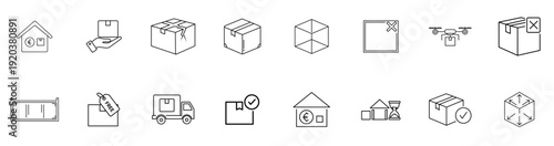 Minimal Parcel and Delivery Line Icons – Boxes, Home Shipping and Drone Vector Set