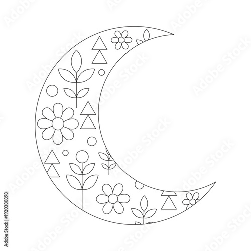 Floral Crescent Moon Line Art Vector - Moon and Flowers Coloring Page Outline for Adults and Kids
