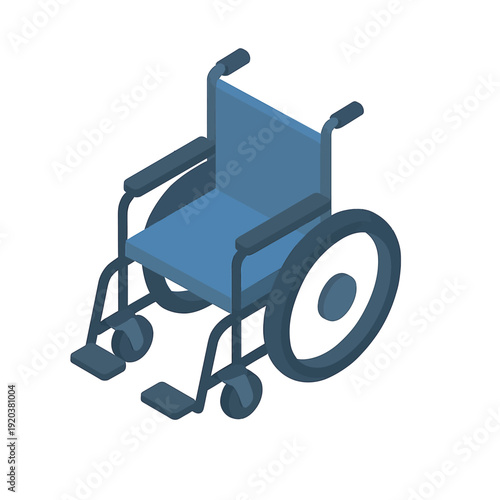 Isometric blue wheelchair illustration depicting essential medical mobility, accessibility, and independent living support for individuals requiring assistance in healthcare, recovery, or daily life