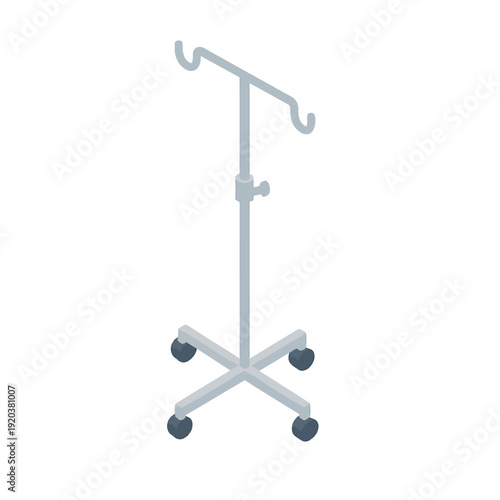 Isometric vector illustration of a mobile medical IV stand, essential hospital equipment for intravenous fluid infusion, patient care, and healthcare therapy support