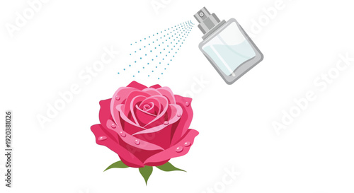A vibrant pink rose receives a spray from a perfume bottle depicted in a flat graphic silhouette high quality professional detailed