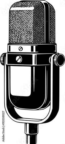 Retro vintage microphone illustration, classic studio audio recording equipment isolated on white background, broadcast music podcast technology design concept 