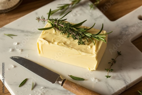 Butter with rosemary and thyme sprigs on a marble white cutting board, a block of butter garnished with fresh herbs, a vintage cheese knife with a wooden handle, close-up food