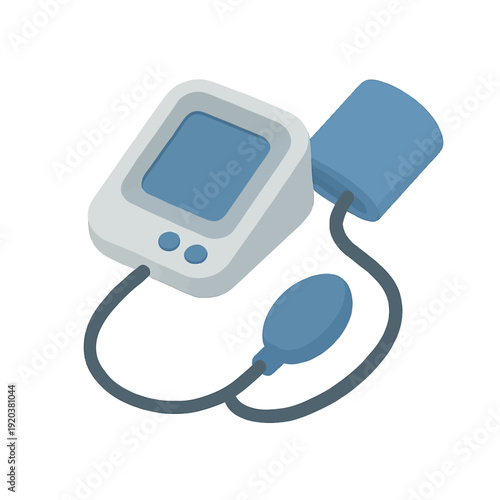 Isometric vector illustration of a modern digital blood pressure monitor with an arm cuff and pump bulb for personal health care and medical monitoring at home or clinic