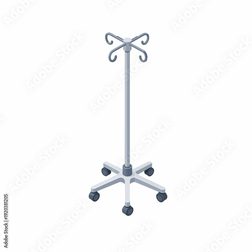 Isometric illustration of a mobile medical IV drip stand with multiple hooks and wheeled base, vital equipment for hospitals and healthcare facilities providing patient care and intravenous treatment