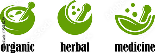 Set of Organic Herbal Medicine Mortar and Pestle Logos,