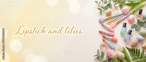 Colorful makeup products with lilies on soft pastel background  