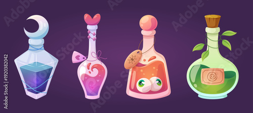 Magic potion bottles set with colorful liquids in glass jars - cartoon vector Halloween spell elements. Witch elixir flasks with cork, alchemy vials and magical love potions for fantasy game icons.
