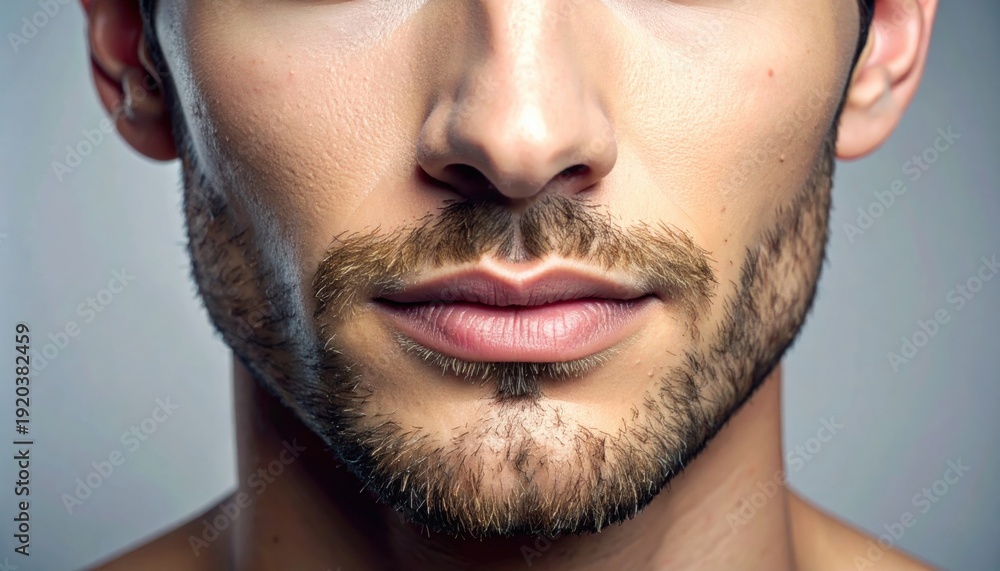 Obraz premium Close-up portrait of a clean-shaven man's face showcasing detailed stubble and masculine features.