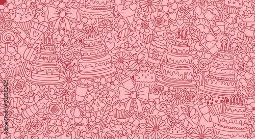 Vibrant red background with assorted cake and dessert illustrations.