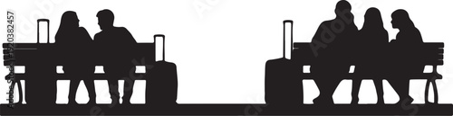 Silhouettes of people sitting with luggage on benches