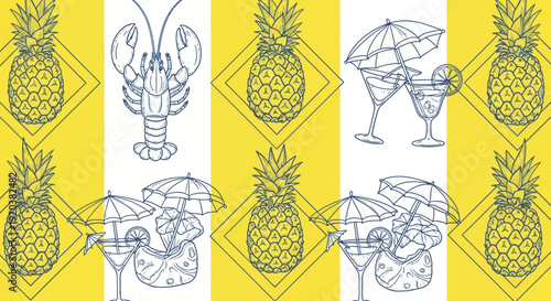 Vibrant Summer Pattern with Pineapples and Cocktails.