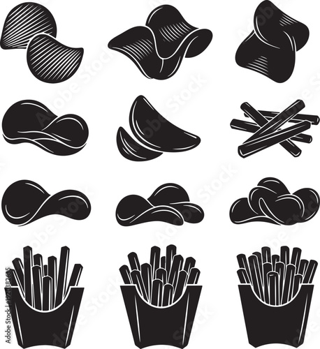 French fries icon collection. Includes fried potato, chips, and various cooking styles. Created in black line style with white accents.
