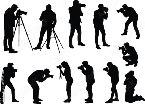 Professional photographer silhouette set, paparazzi taking photos, cameraman with tripod, photography media press, journalism and filming concept