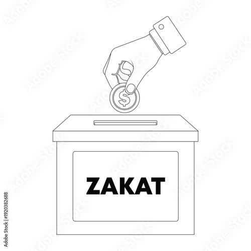 Islamic Zakat Donation Box Icon with Hand Putting Coin for Charity and Ramadan Kareem Concept