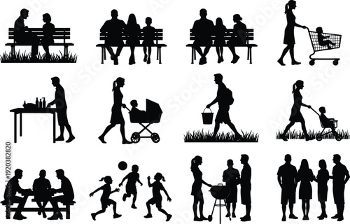 Family daily activities silhouettes, people lifestyle scenes, parenting, shopping, walking, playing, social interaction, household routines, modern life illustration set