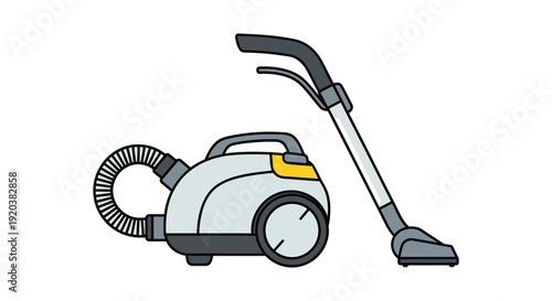 A colorful cartoon illustration depicts a household vacuum cleaner with distinct features presented as a silhouette high quality professional detailed modern