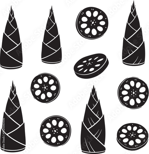 Black and white vector illustration of 8 ice cream cones and 5 ice cream scoops.