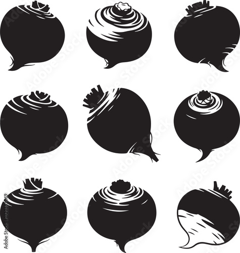 Beetroot icon collection. Includes nine beet icons. Created in solid black style with white accents.