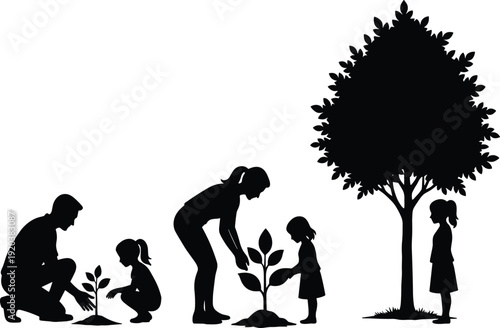 Family planting tree silhouettes showing growth, environment care, sustainability, eco friendly lifestyle, parent and child bonding, isolated white background illustration