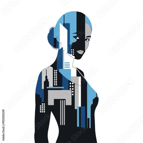 Double Exposure Silhouette Fashion Model with Abstract City Geometry Shapes, High Contrast Clean Flat Vector Illustration
