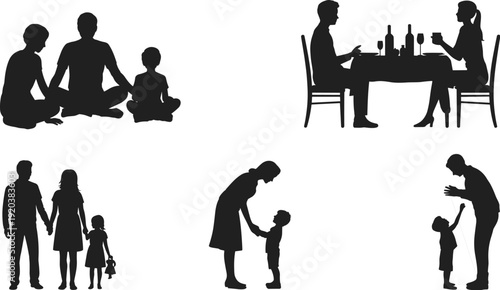 Family silhouettes collection, parents and children bonding moments isolated on white background vector illustration set