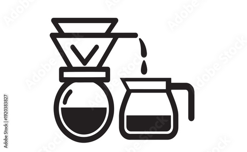 Stylized black and white icon illustration depicting a classic pour-over coffee brewing method with dripping liquid into a server
