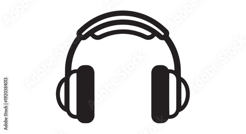 Simple black and white graphic icon representing over ear headphones for audio listening and music enjoyment