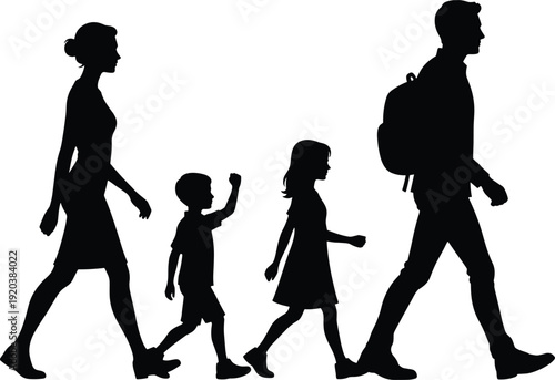 family walking silhouettes, parents and children walking together, outdoor activity, family bonding, lifestyle concept, travel, daily routine, vector illustration set