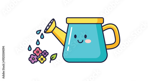 A cheerful blue watering can pours water onto colorful flowers with a cute simplistic silhouette high quality professional detailed modern elegant